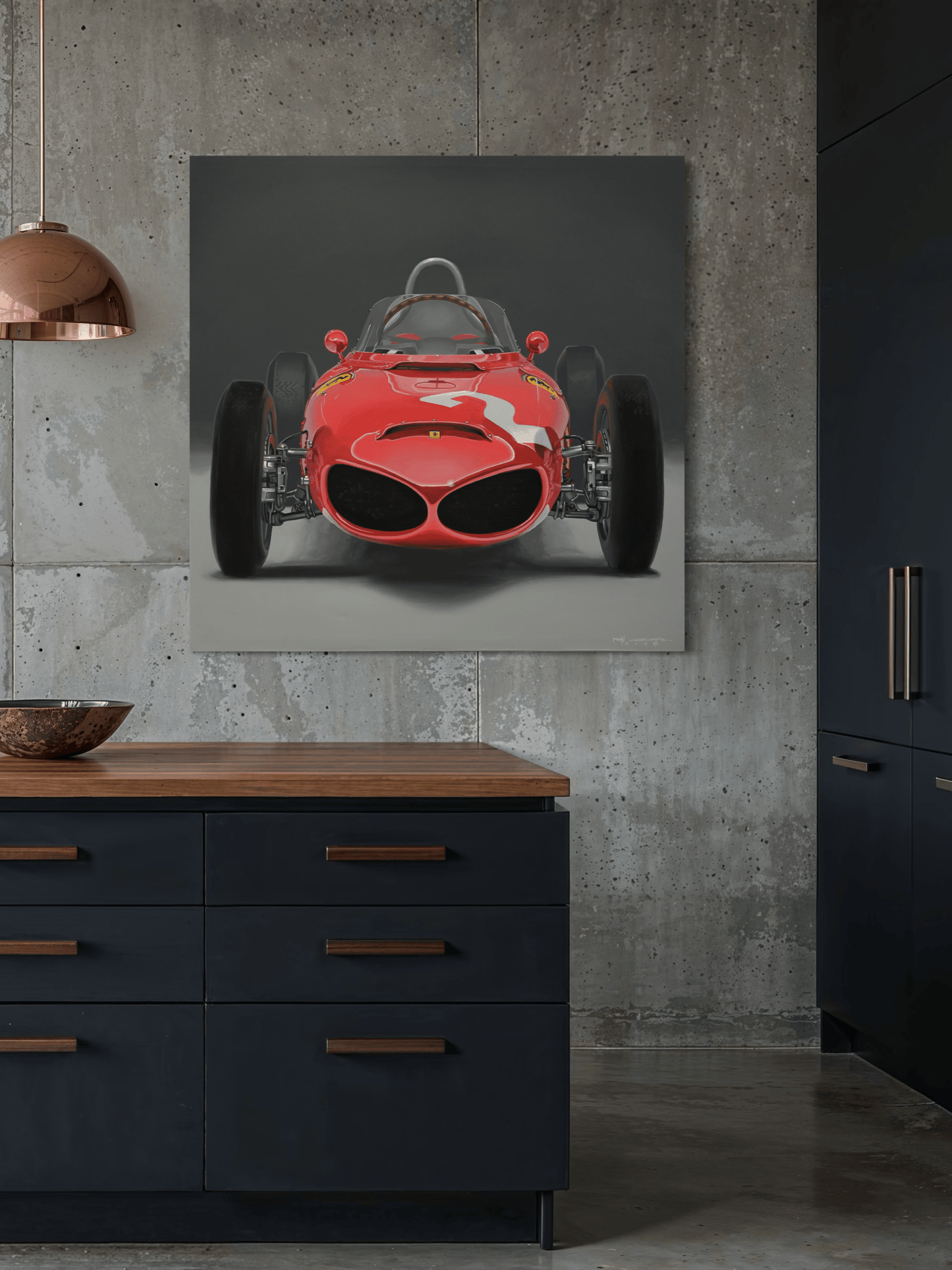 Classic Ferrari art print used as wall decor in contemporary living space