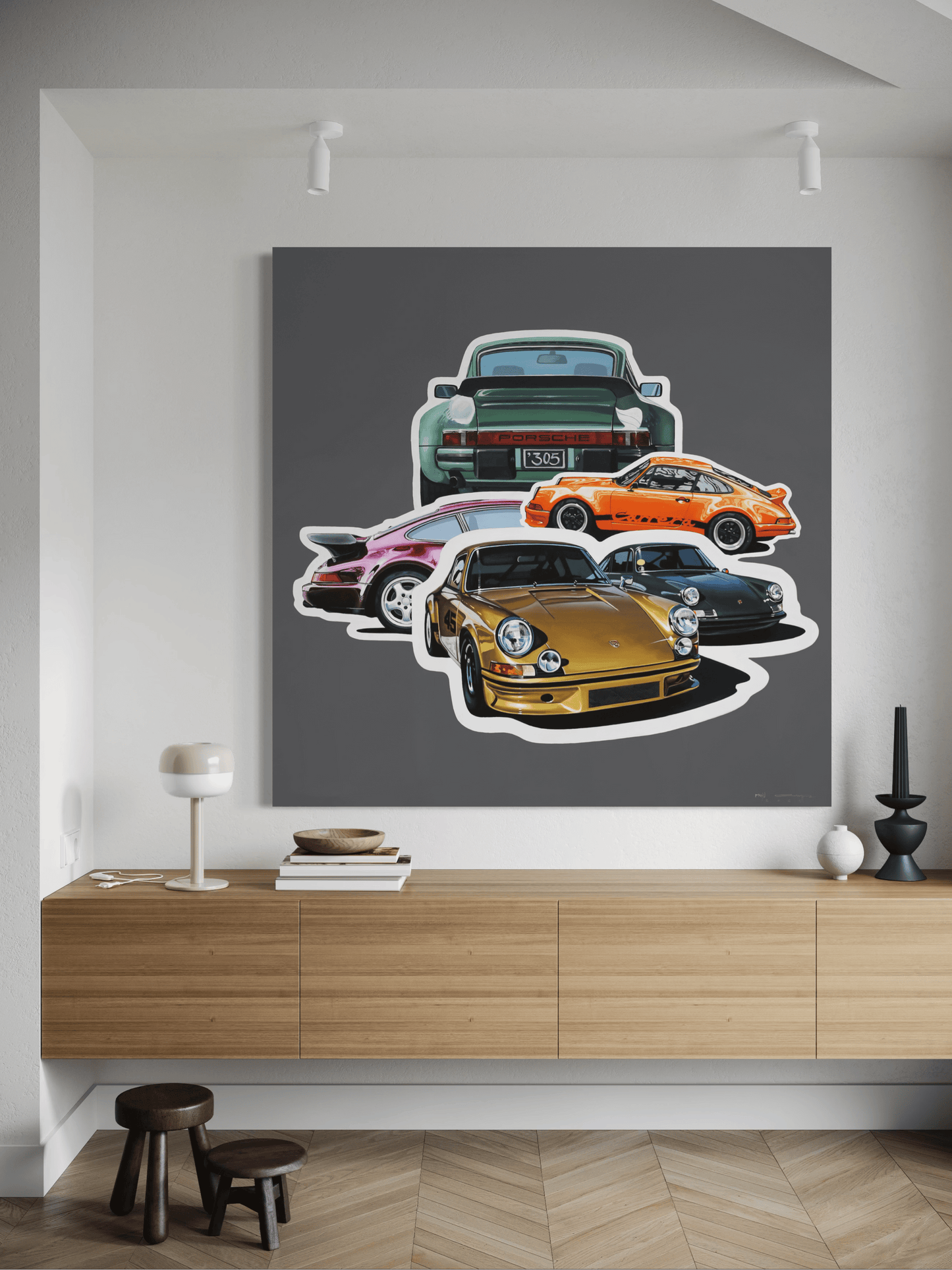 Porsche collage artwork by Manu Campa used as wall decor in a modern interior space