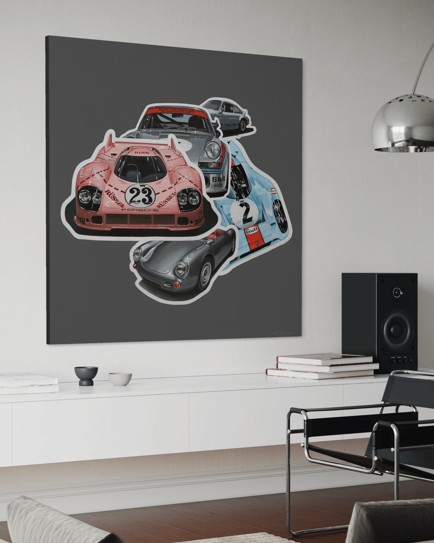 Porsche collage artwork by Manu Campa used as wall decor in a modern interior space