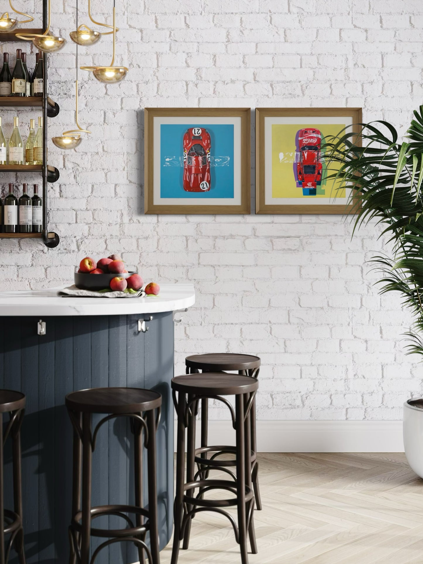 Porsche 935 art prints by Manu Campa in a contemporary interior, showcasing colorful automotive artwork
