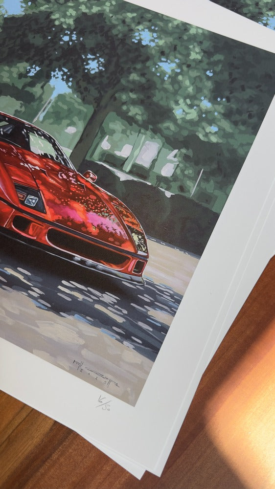 Automotive art print of Ferrari F40 by Manu Campa featuring a red supercar in a park-like setting

