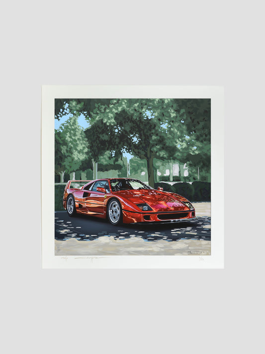 Ferrari F40 art print by Manu Campa showing a red classic car in a natural outdoor setting
