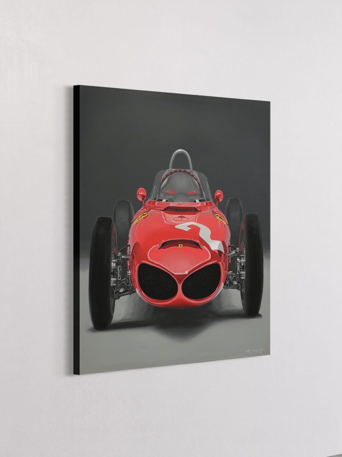 Ferrari F1 classic race car painting by Manu Campa in front view composition
