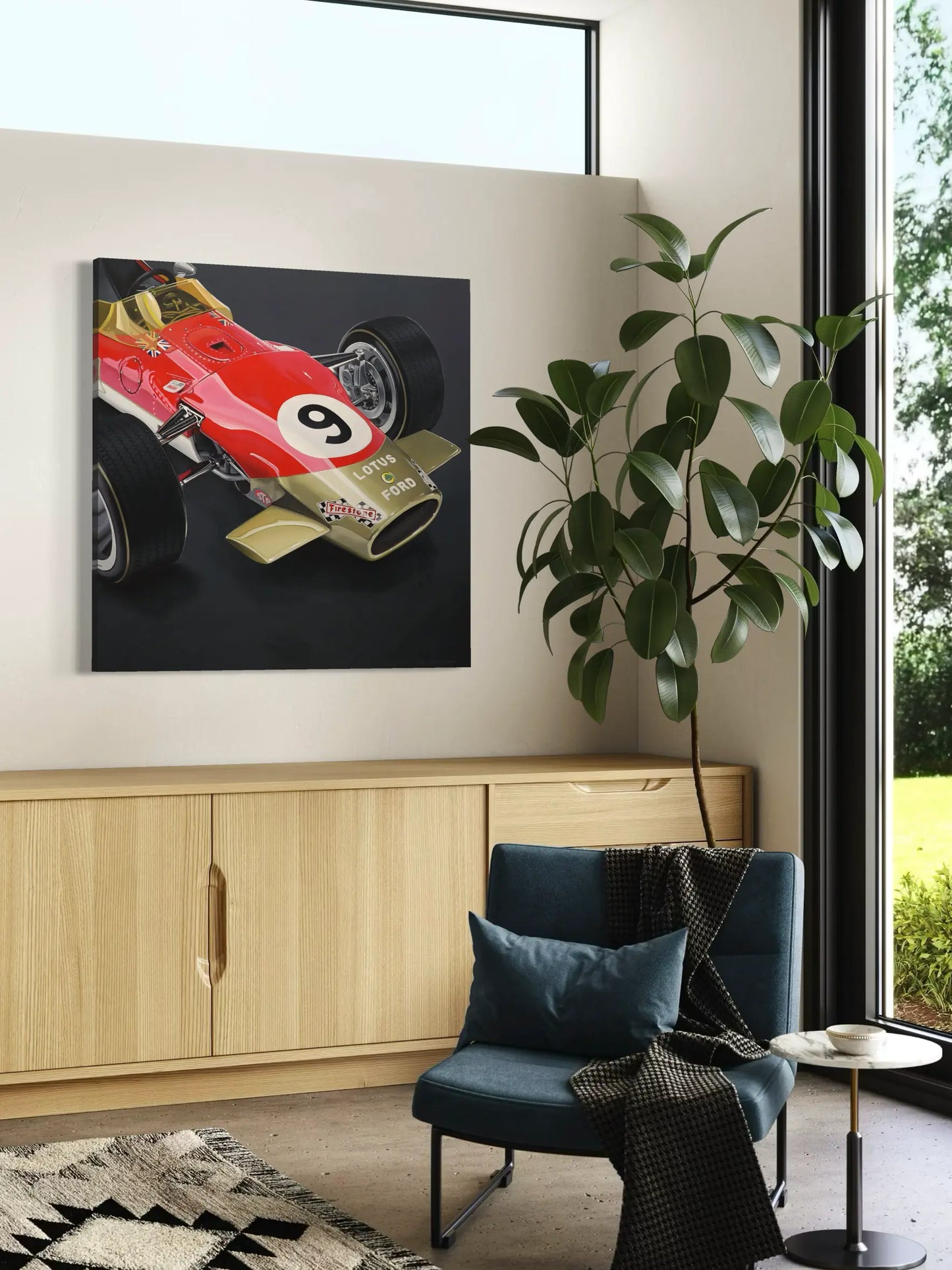 Framed Lotus F1 artwork by Manu Campa used as wall decor in contemporary interior