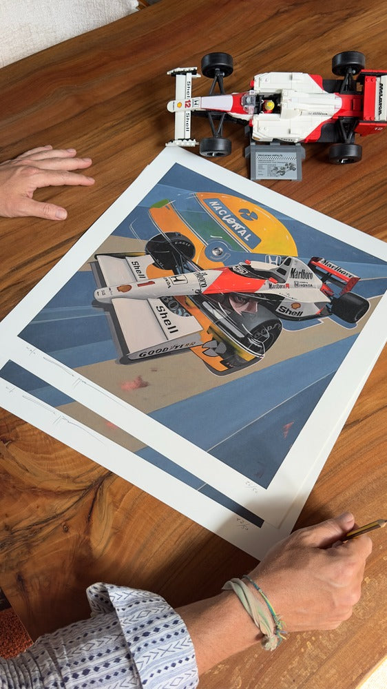 Formula 1 artwork of Ayrton Senna by Manu Campa showing McLaren F1 car and helmet composition
