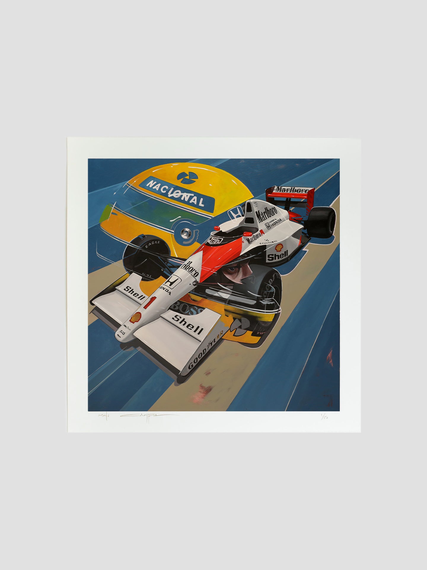 Ayrton Senna tribute art print by Manu Campa featuring McLaren Formula 1 car and iconic helmet
