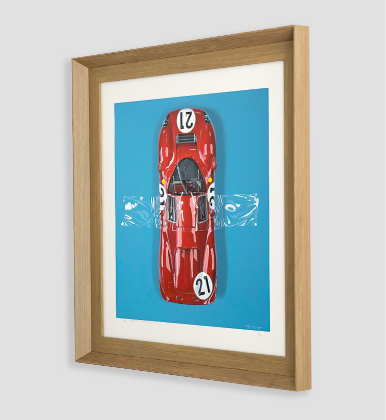 Ferrari classic car art print by Manu Campa featuring a red racing car on a blue background