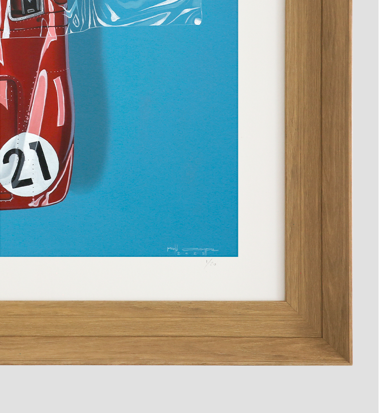 Ferrari classic car art print by Manu Campa featuring a red racing car on a blue background
