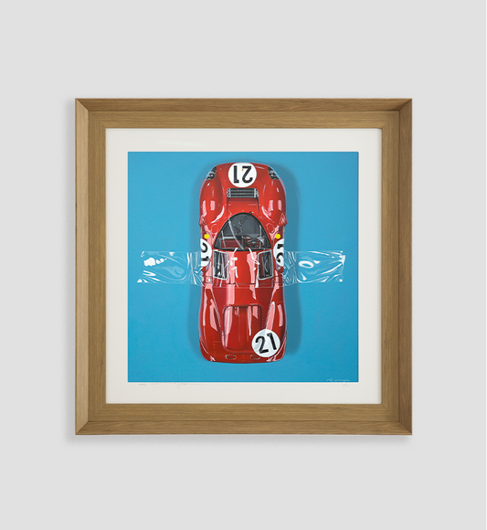 Framed red Ferrari 330 P4 classic car art print by Manu Campa on a blue background with plastic wrap composition