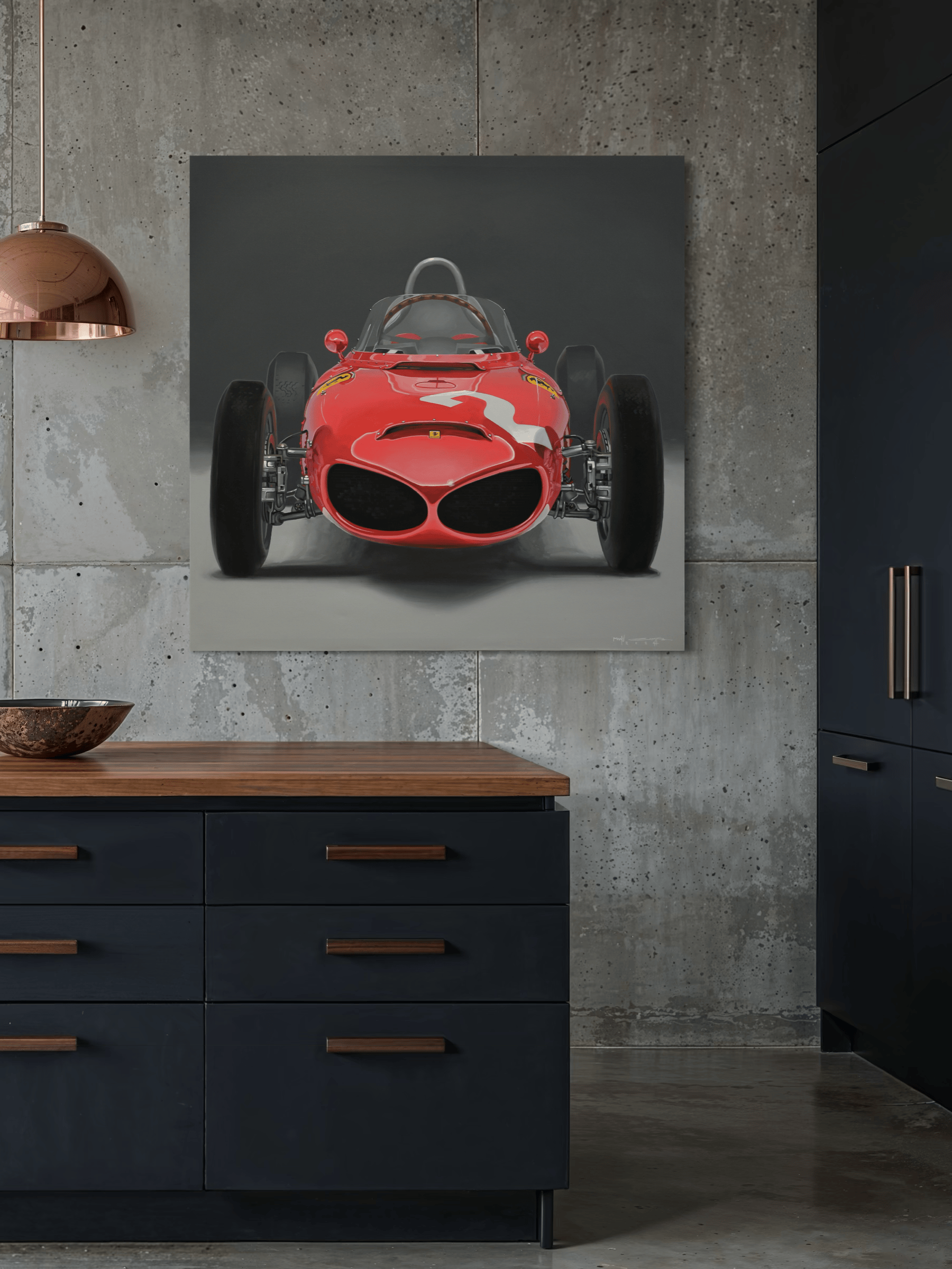 Classic Ferrari art print used as wall decor in contemporary living space