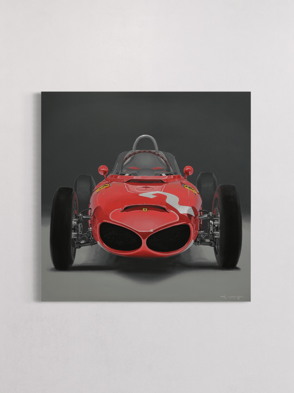 Classic Ferrari Formula 1 sharknose artwork by Manu Campa showing front view of vintage race car
