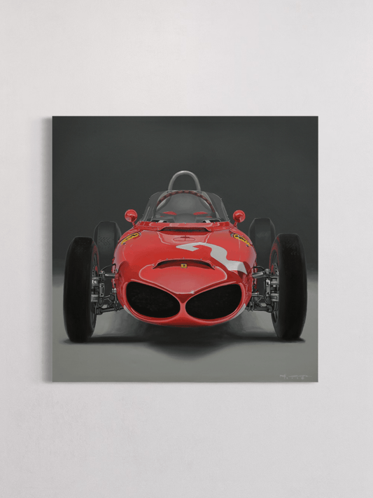 Classic Ferrari Formula 1 sharknose artwork by Manu Campa showing front view of vintage race car