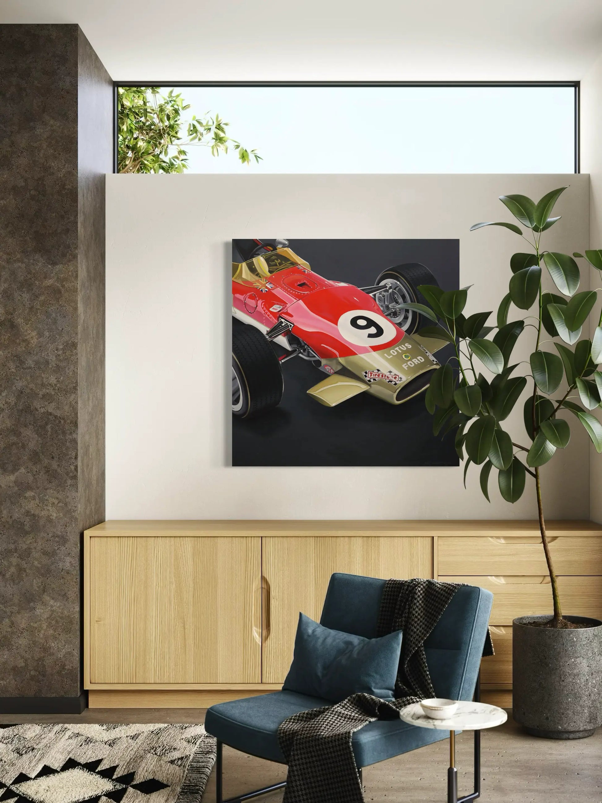 Lotus Ford Formula 1 artwork by Manu Campa displayed in a modern living room
