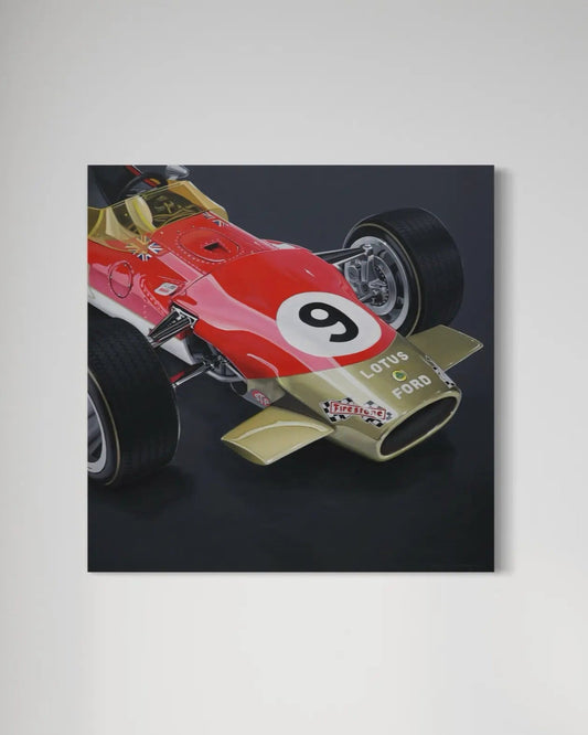 Lotus Ford Formula 1 artwork by Manu Campa featuring classic red and gold car
