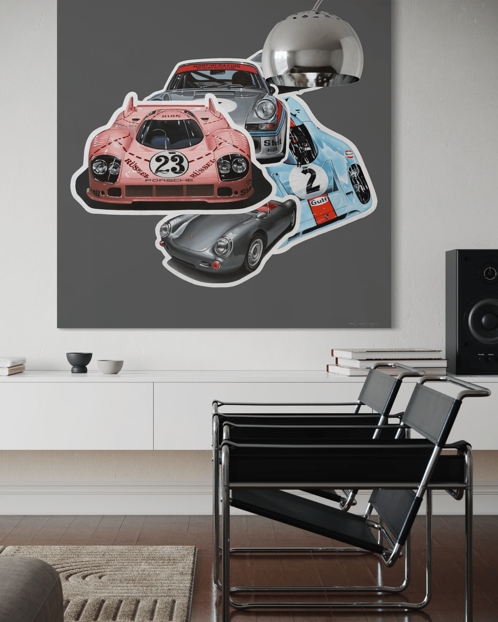 Porsche collage artwork by Manu Campa used as wall decor in a modern interior space