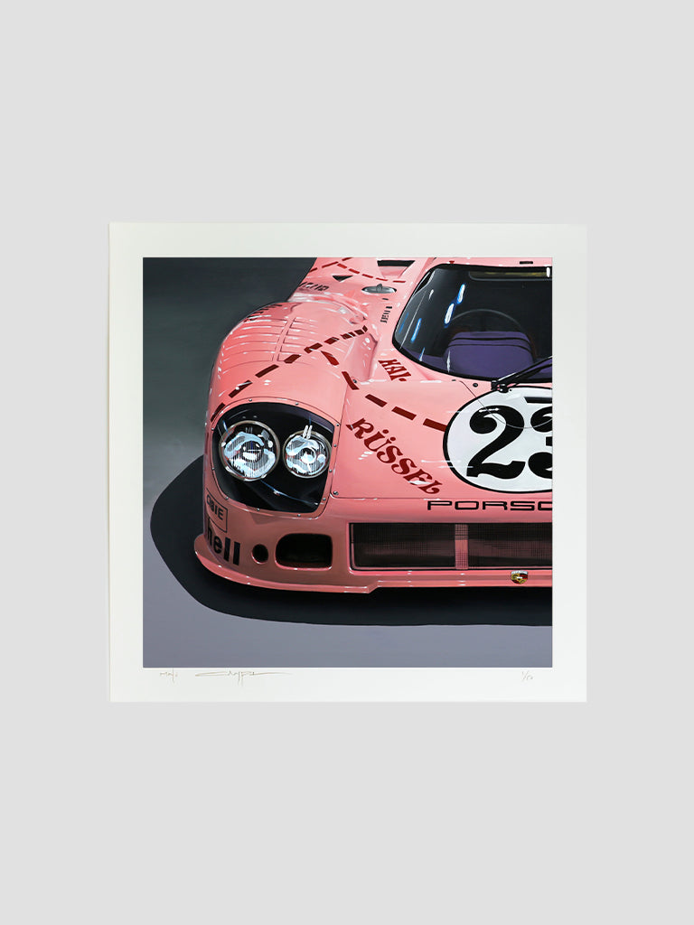 Porsche 917 Pink Pig art print by Manu Campa showing front detail of the car with iconic pink livery
