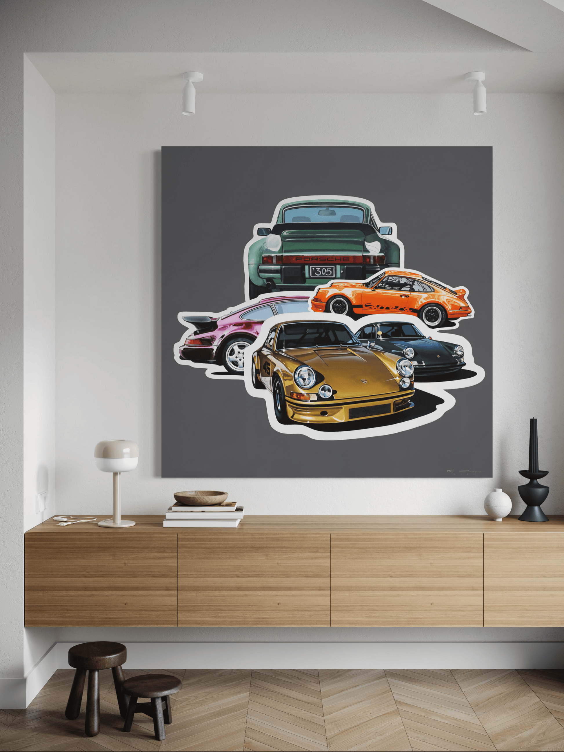 Porsche collage artwork by Manu Campa used as wall decor in a modern interior space