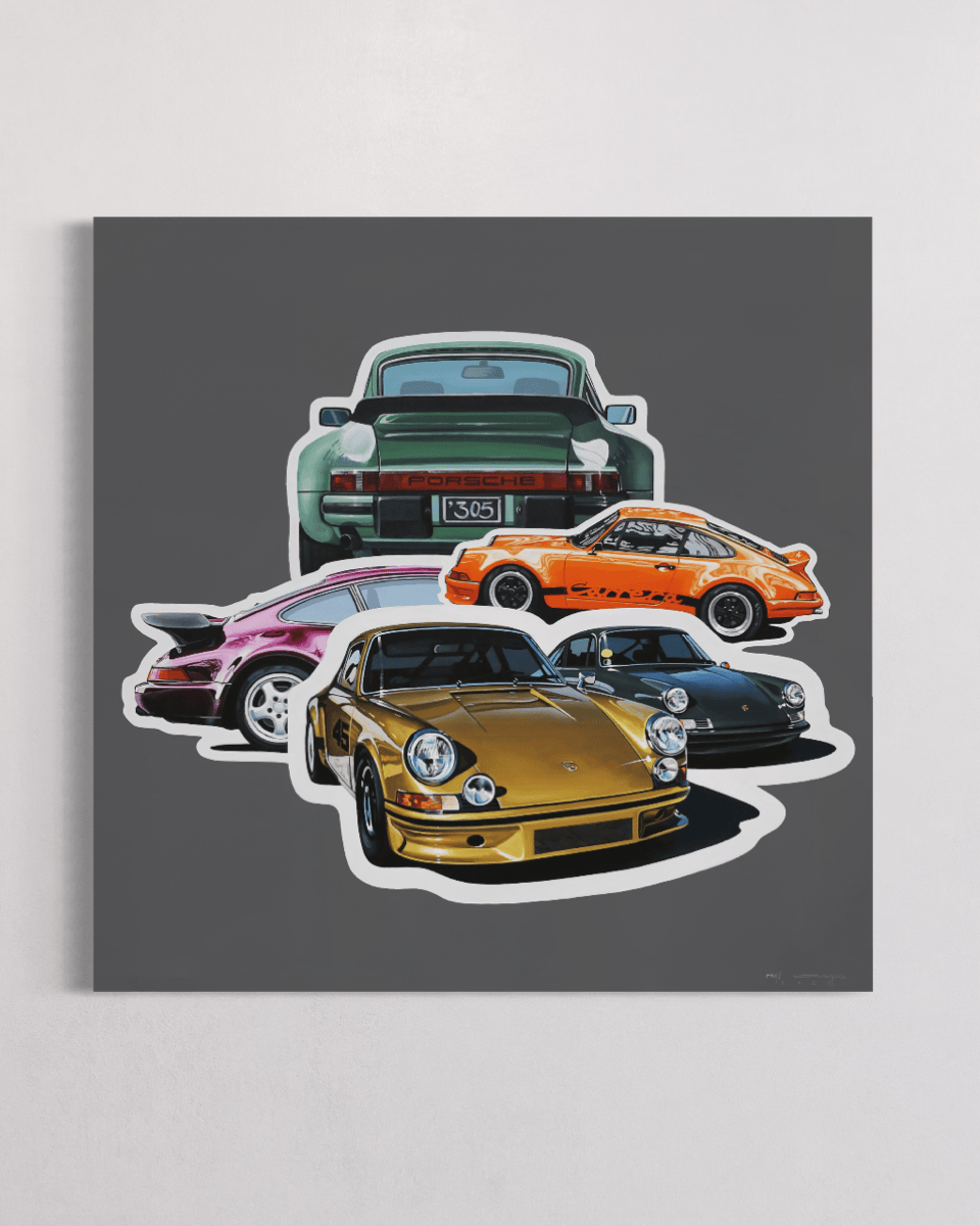 Porsche car collage artwork by Manu Campa featuring multiple classic models in different colors
