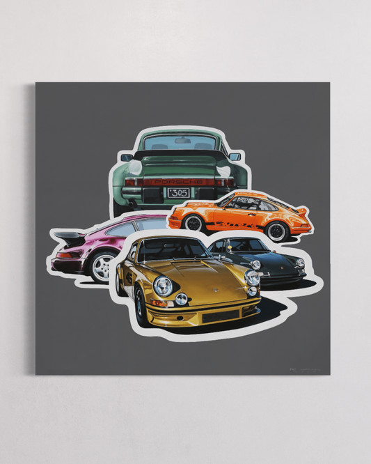 Porsche car collage artwork by Manu Campa featuring multiple classic models in different colors
