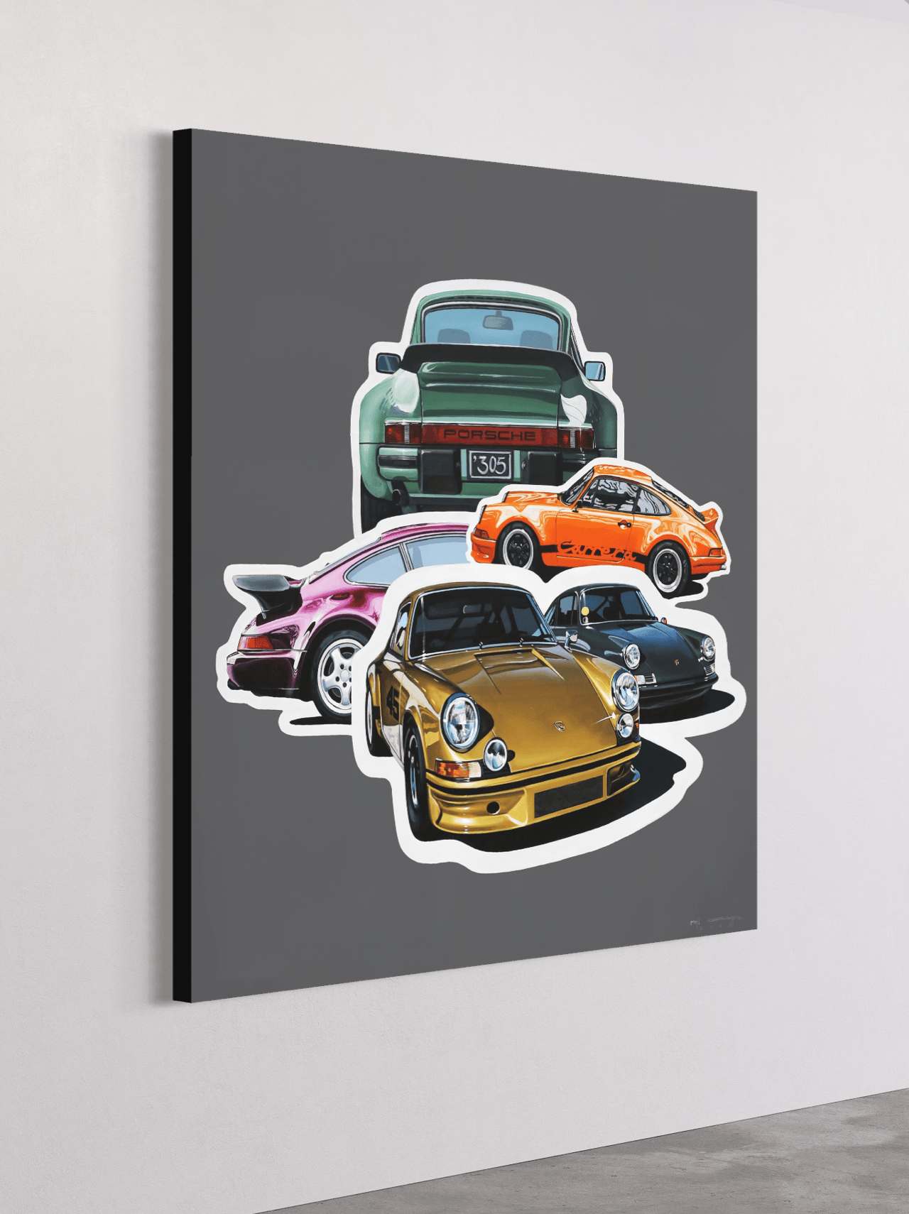 Porsche collage artwork by Manu Campa showing multiple classic models in a colorful composition