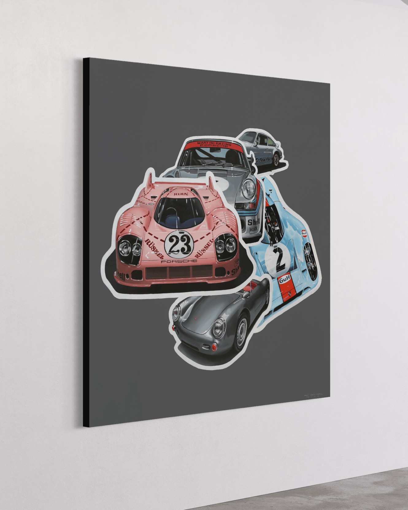 Porsche collage artwork by Manu Campa showing multiple classic models in a colorful composition
