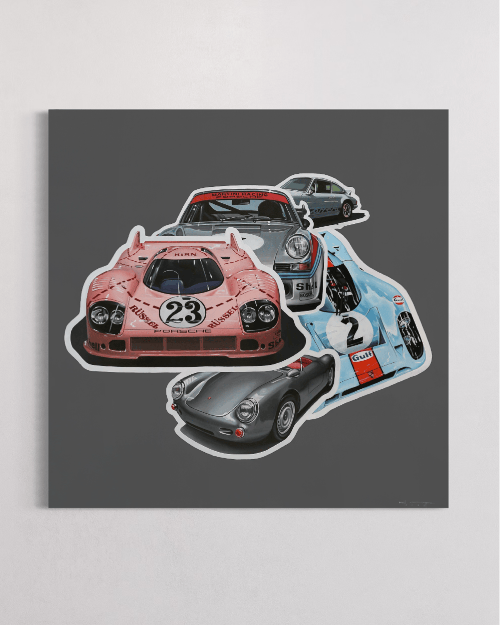 Porsche car collage artwork by Manu Campa featuring multiple classic models in different colors
