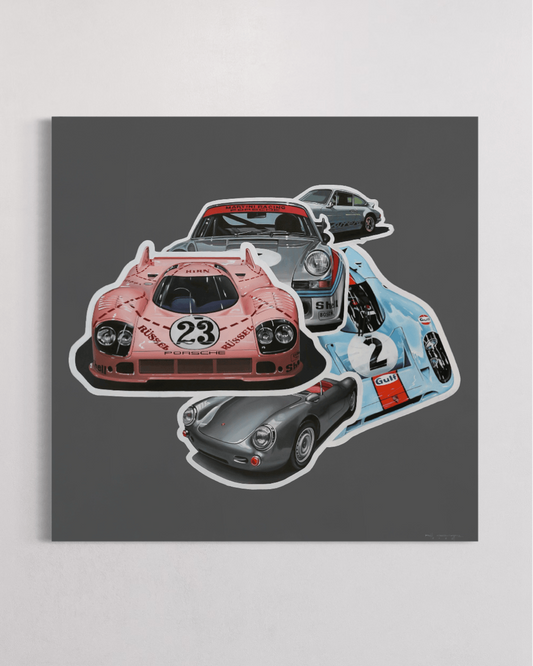 Porsche car collage artwork by Manu Campa featuring multiple classic models in different colors