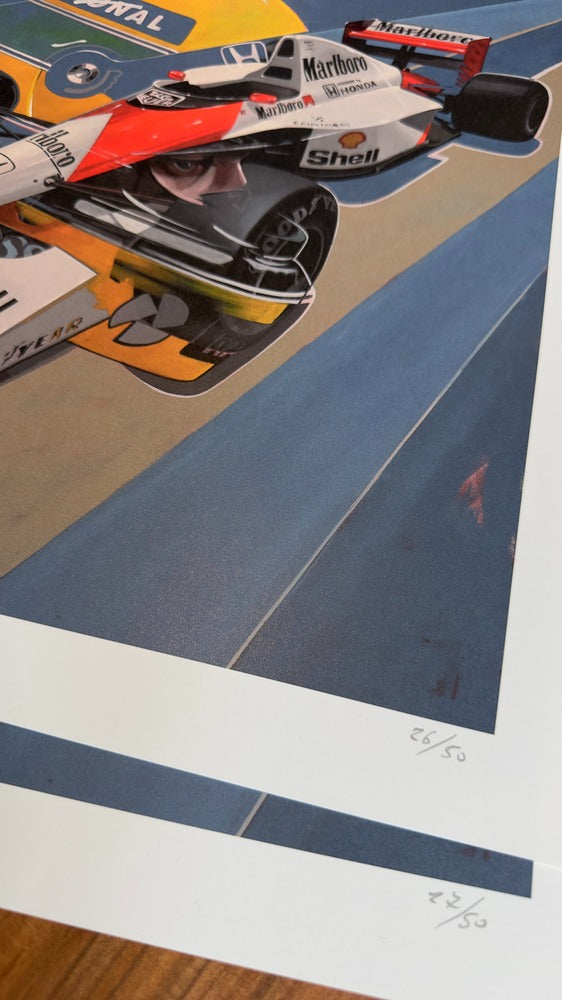 Formula 1 artwork of Ayrton Senna by Manu Campa showing McLaren F1 car and helmet composition, numbered
