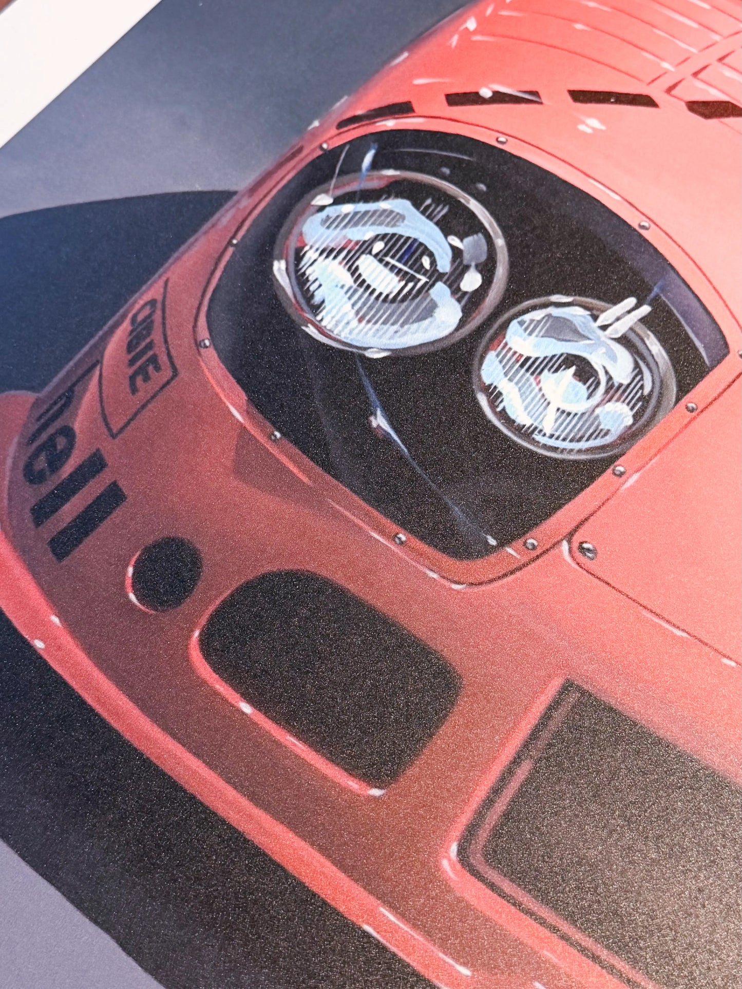Automotive art print of Porsche 917 Pink Pig by Manu Campa featuring detailed front view
