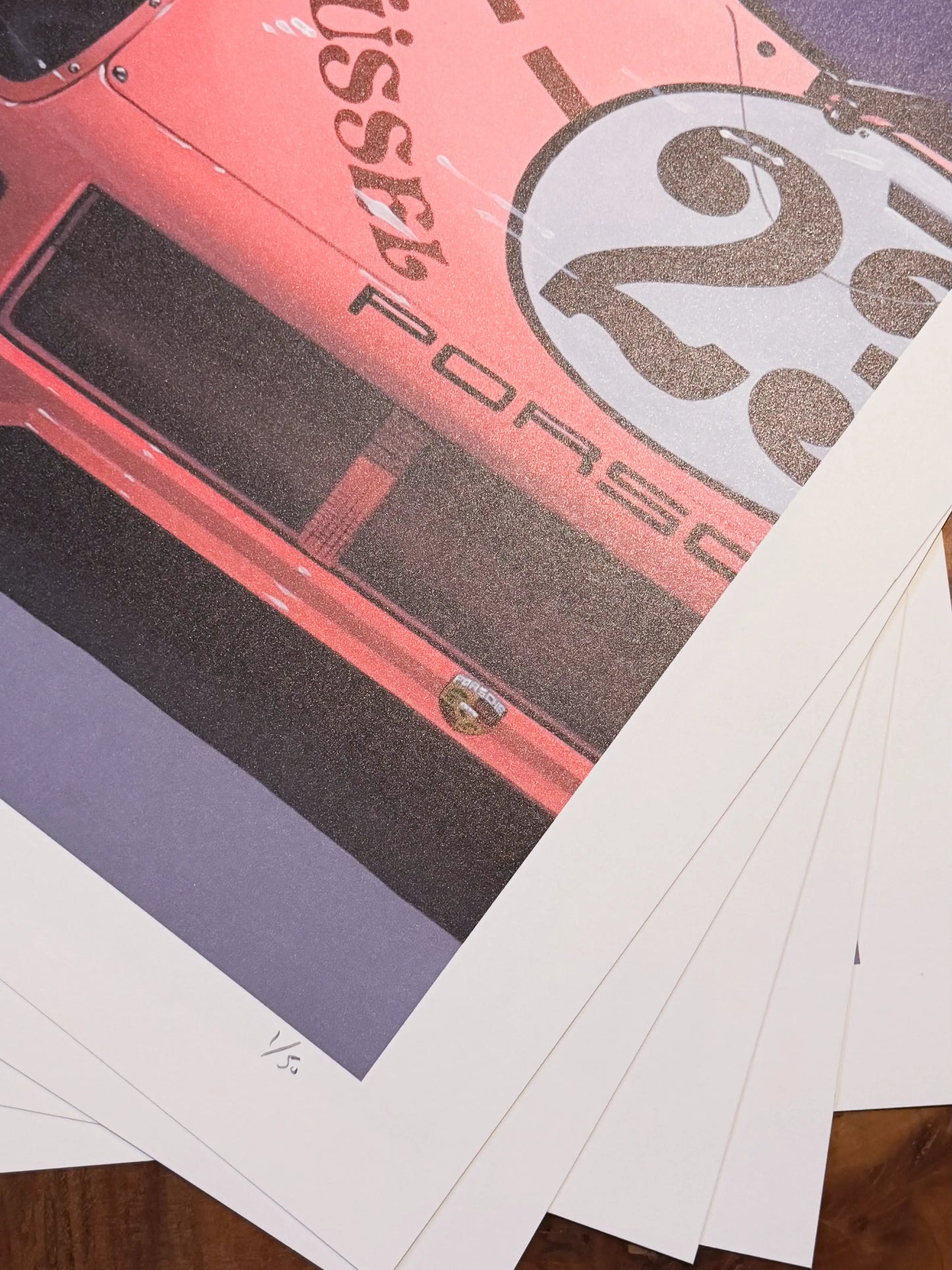 Porsche 917 Pink Pig art print by Manu Campa showing front detail of the car with iconic pink livery numbered
