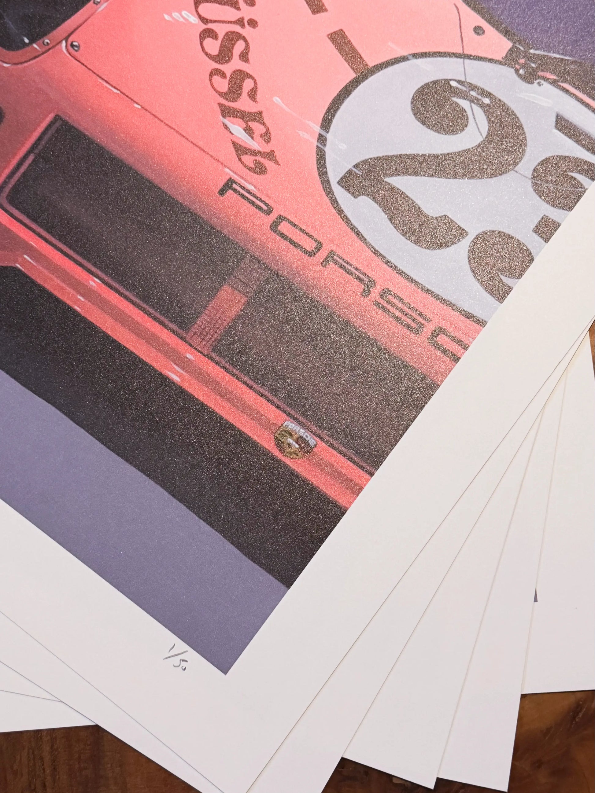 Porsche 917 Pink Pig art print by Manu Campa showing front detail of the car with iconic pink livery numbered

