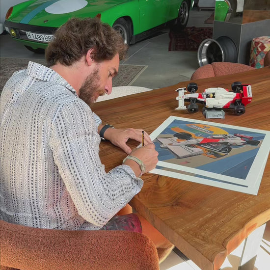 Ayrton Senna tribute art print by Manu Campa featuring McLaren Formula 1 car and iconic
